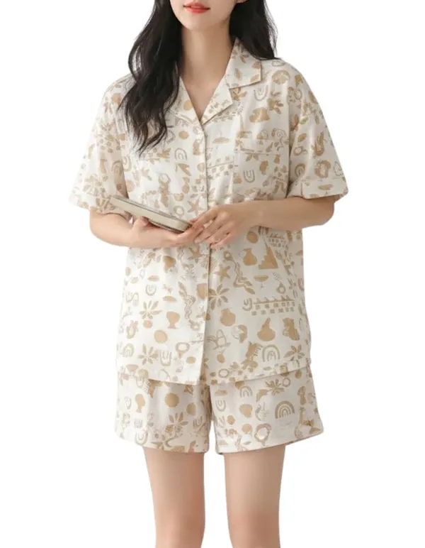 Womens_Beige_Printed_Short_Sleeve_Pajama_Set