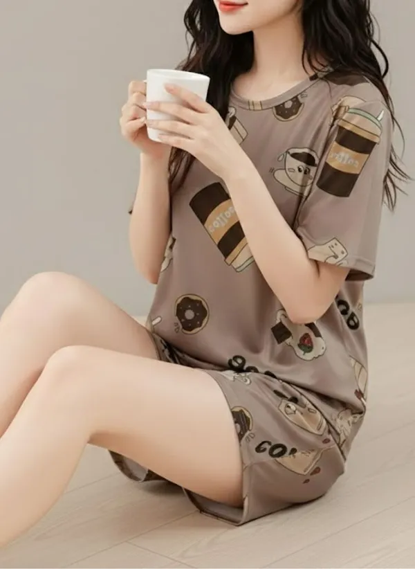 Womens_Coffee_Print_Pajama_Set_-_Short_Sleeve_Top_&_Shorts
