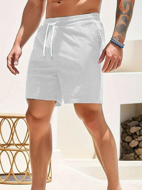 Mens_White_Elastic_Waist_Casual_Shorts