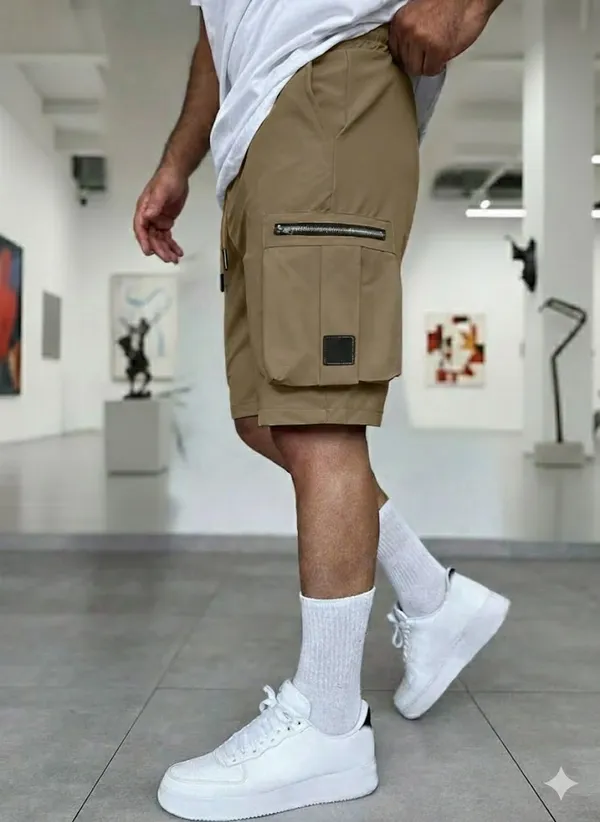 Mens_Khaki_Cargo_Shorts_With_Zipper_Pockets_And_Drawstring