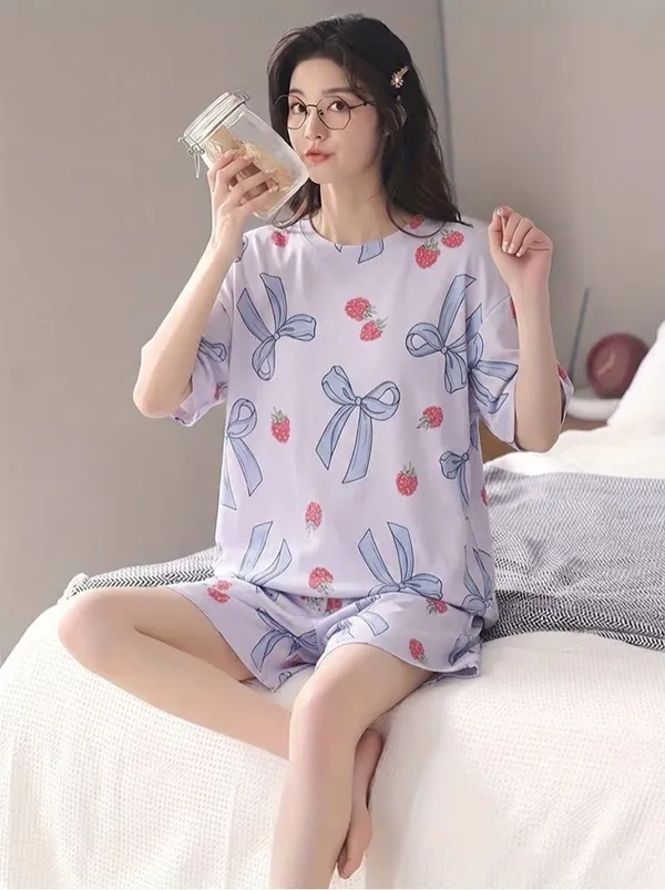 Womens_Strawberry_And_Bow_Print_Pajama_Set_-_Lavender