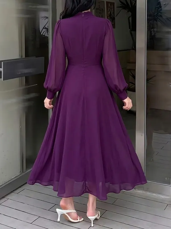 Purple_Chiffon_Midi_Dress_With_Bow_Neck_And_Ruched_Waist