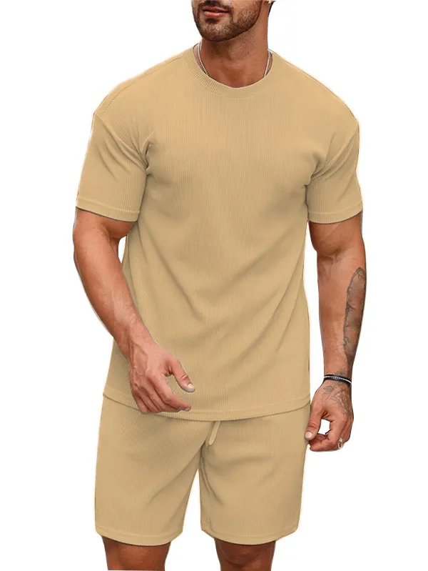 Mens_Beige_Ribbed_Knit_Co-Ord_Set_-_Short_Sleeve_T-Shirt_&_Shorts