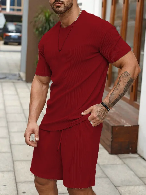 Mens_Maroon_Solid_T-Shirt_And_Shorts_Co-Ord_Set
