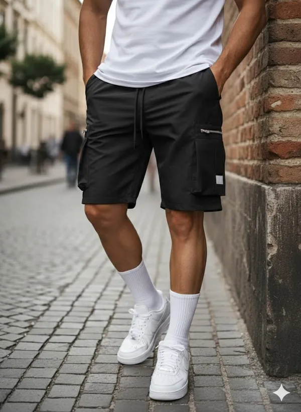 Mens_Black_Cargo_Shorts_With_Zipper_Pockets_And_Drawstring