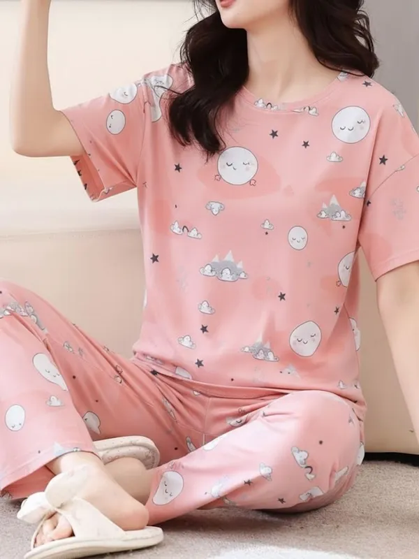 Womens_Pink_Cloud_&_Moon_Print_Pajama_Set_-_Comfortable_Cotton_Sleepwear