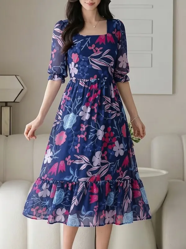 Navy_Blue_Floral_Print_Square_Neck_Puff_Sleeve_Midi_Dress_For_Women