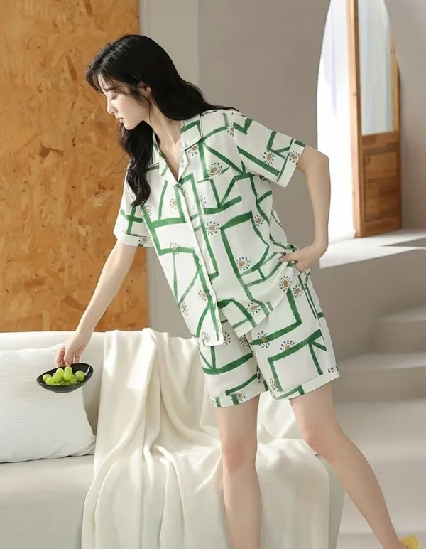 Green_Geometric_Print_Short_Sleeve_Pajama_Set_For_Women