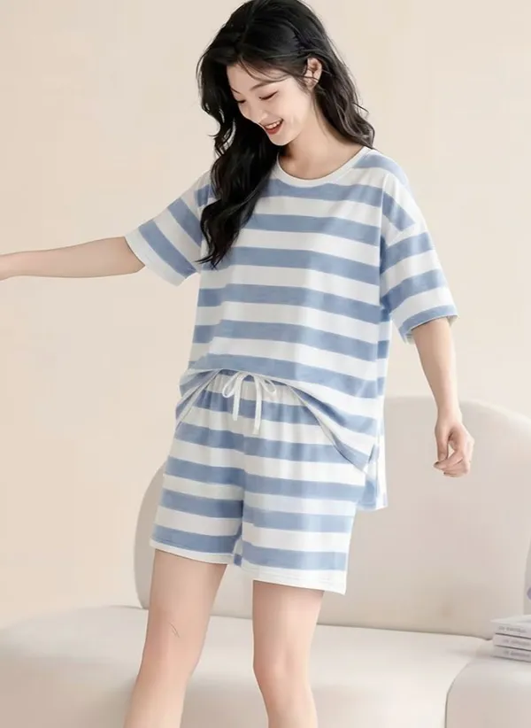 Blue_And_White_Striped_Cotton_Pajama_Set_For_Women