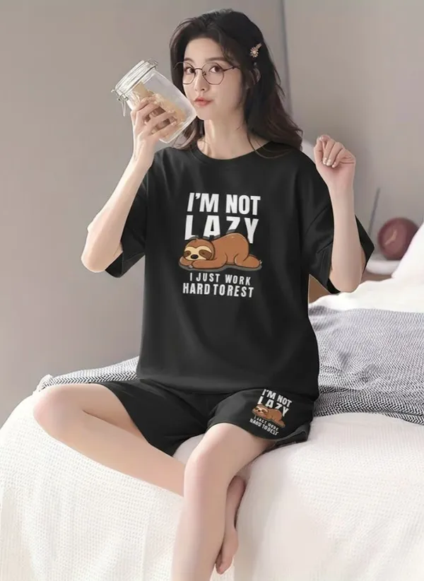 Im_Not_Lazy_Sloth_Print_Black_Cotton_Pajama_Set_-_Womens_Comfortable_Sleepwear