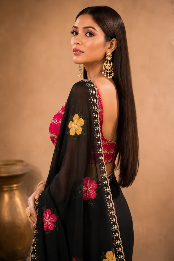 BLACK_Rangoli_Fabric_Saree_with_Pink_&_Yellow_Floral_Embroidery