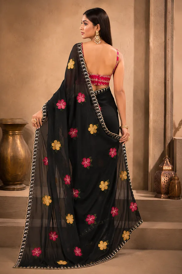 BLACK_Rangoli_Fabric_Saree_with_Pink_&_Yellow_Floral_Embroidery