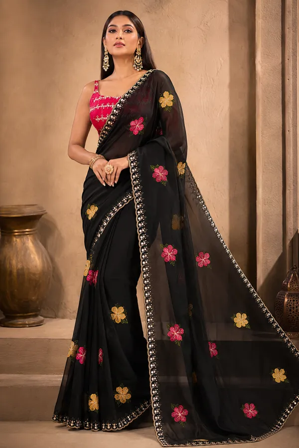 BLACK_Rangoli_Fabric_Saree_with_Pink_&_Yellow_Floral_Embroidery