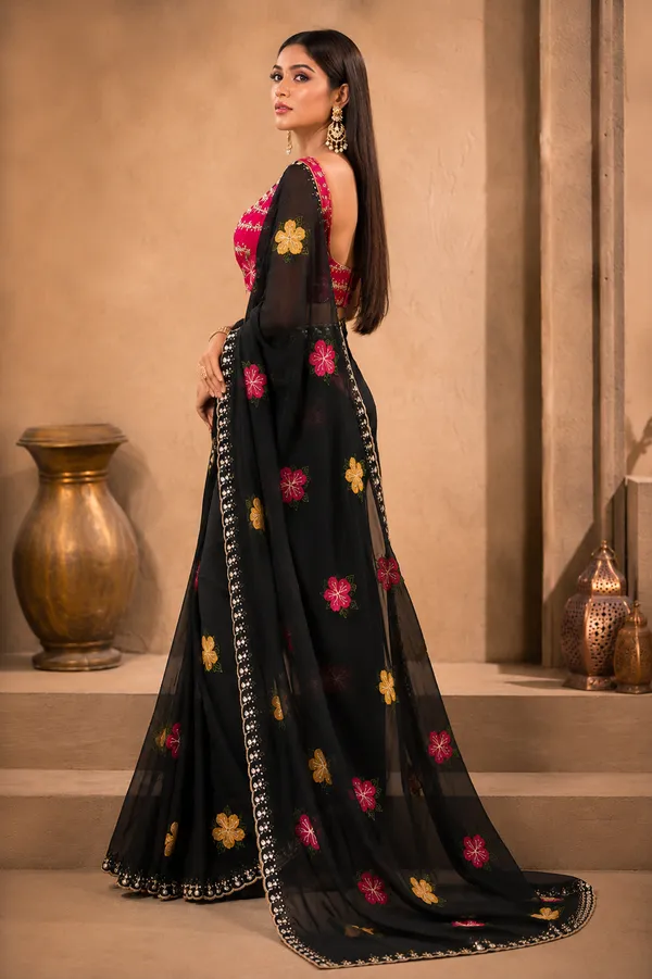 BLACK_Rangoli_Fabric_Saree_with_Pink_&_Yellow_Floral_Embroidery