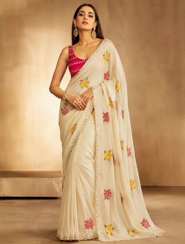 Cream_Rangoli_Fabric_Saree_with_Pink_&_Yellow_Floral_Embroidery