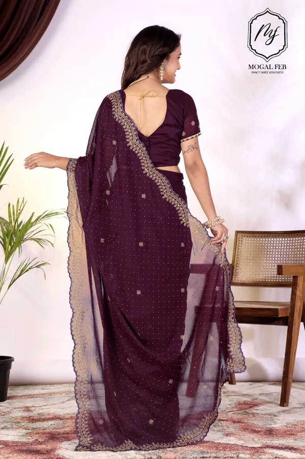 Deep_Plum_Georgette_Saree_with_Gold_Zari_&_Scallop_Border