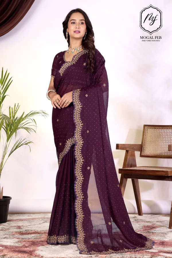 Deep_Plum_Georgette_Saree_with_Gold_Zari_&_Scallop_Border