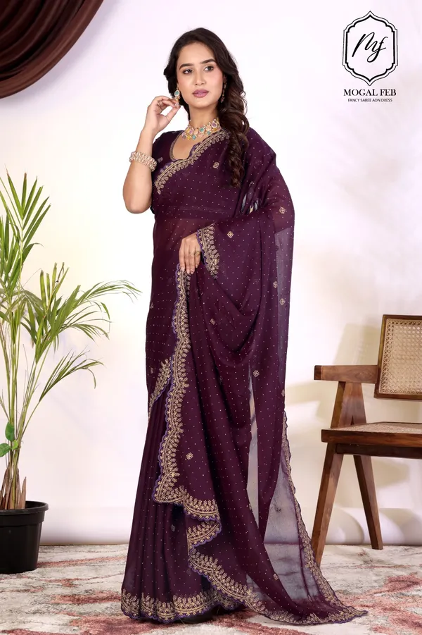Deep_Plum_Georgette_Saree_with_Gold_Zari_&_Scallop_Border
