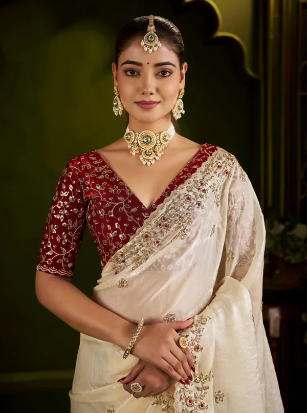 Elegant_Cream_Chiffon_silk_Saree_with_Heavy_Zari_Border_With_Elegant_maroon_colour_blouse