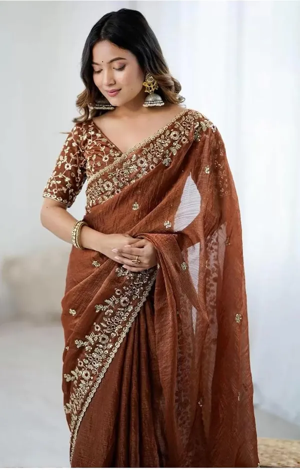 Rust_Brown_Shimmer_Silk_Saree_with_Intricate_Floral_Cutwork_Border