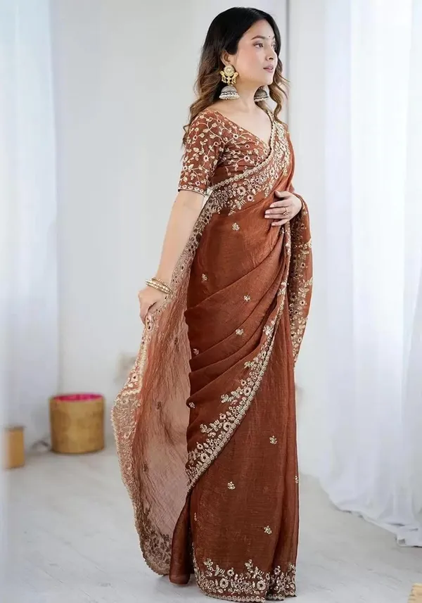 Rust_Brown_Shimmer_Silk_Saree_with_Intricate_Floral_Cutwork_Border