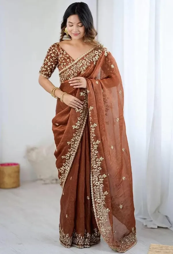 Rust_Brown_Shimmer_Silk_Saree_with_Intricate_Floral_Cutwork_Border