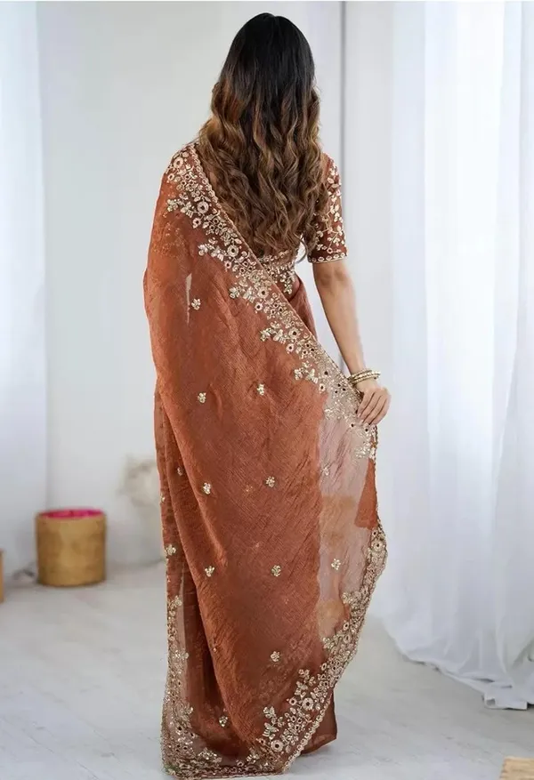 Rust_Brown_Shimmer_Silk_Saree_with_Intricate_Floral_Cutwork_Border