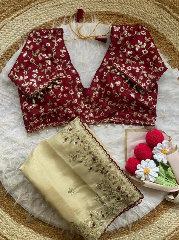S✨_Elegant_Cream_&_Wine_Embroidered_Saree_✨