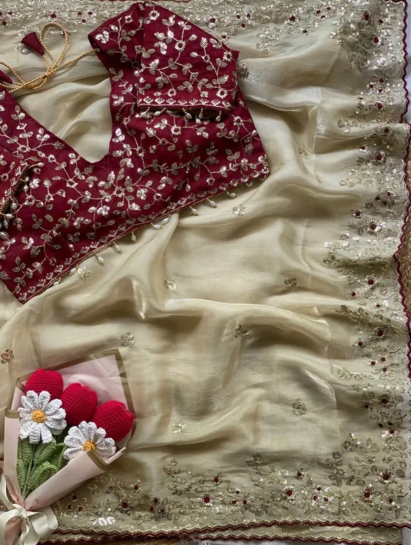S✨_Elegant_Cream_&_Wine_Embroidered_Saree_✨