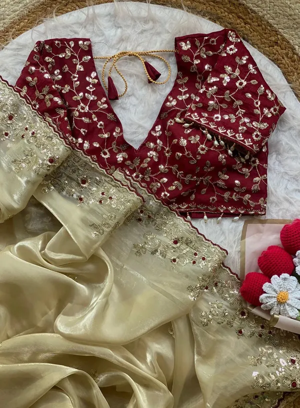 S✨_Elegant_Cream_&_Wine_Embroidered_Saree_✨