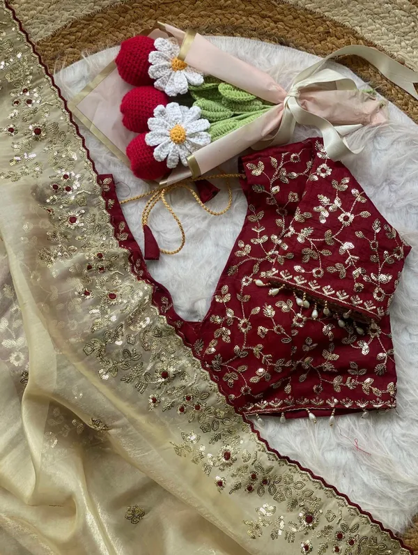 S✨_Elegant_Cream_&_Wine_Embroidered_Saree_✨