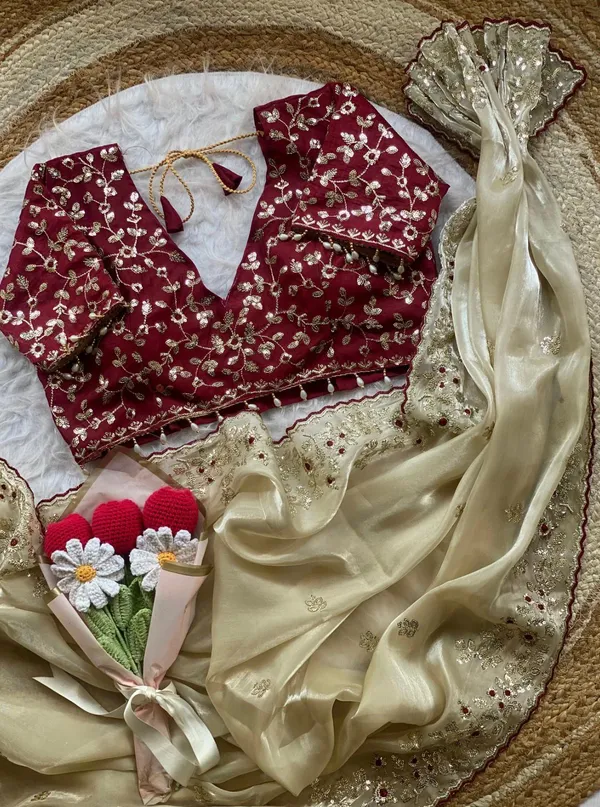 S✨_Elegant_Cream_&_Wine_Embroidered_Saree_✨