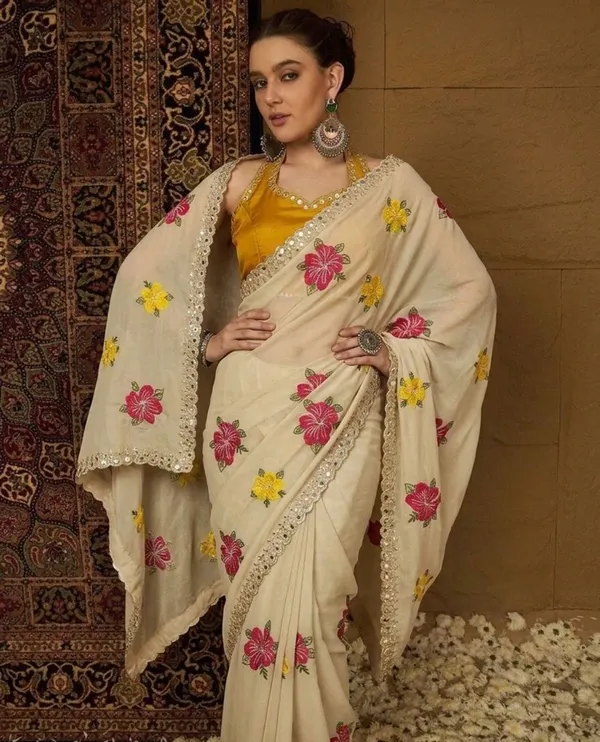 Cream_Rangoli_Fabric_Saree_with_Pink_&_Yellow_Floral_Embroidery