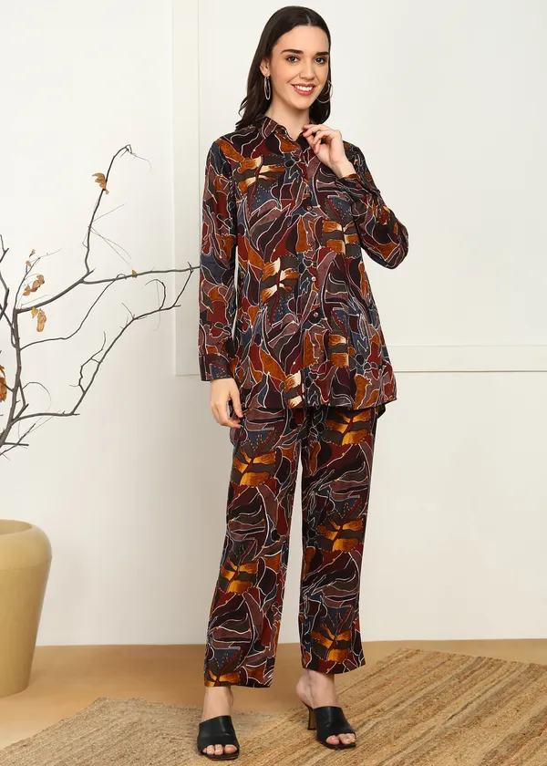 Brown_Abstract_Print_Co_Ord_Set_For_Women