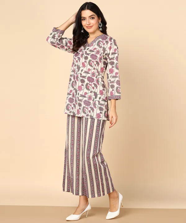 Off_White_And_Pink_Hand_Block_Printed_Floral_Cotton_Kurta_And_Palazzo_Co_Ord_Set_For_Women