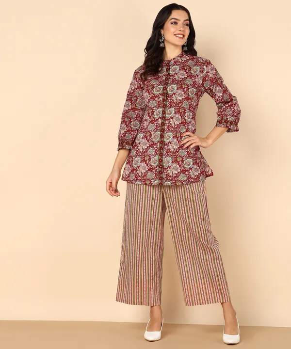Maroon_Floral_Print_Button_Down_Top_With_Mandarin_Collar_For_Women
