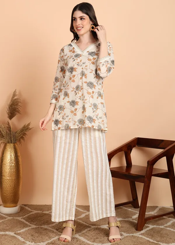 Off_White_Floral_Print_Top_With_Striped_Palazzo_Pants_Co_Ord_Set_For_Women