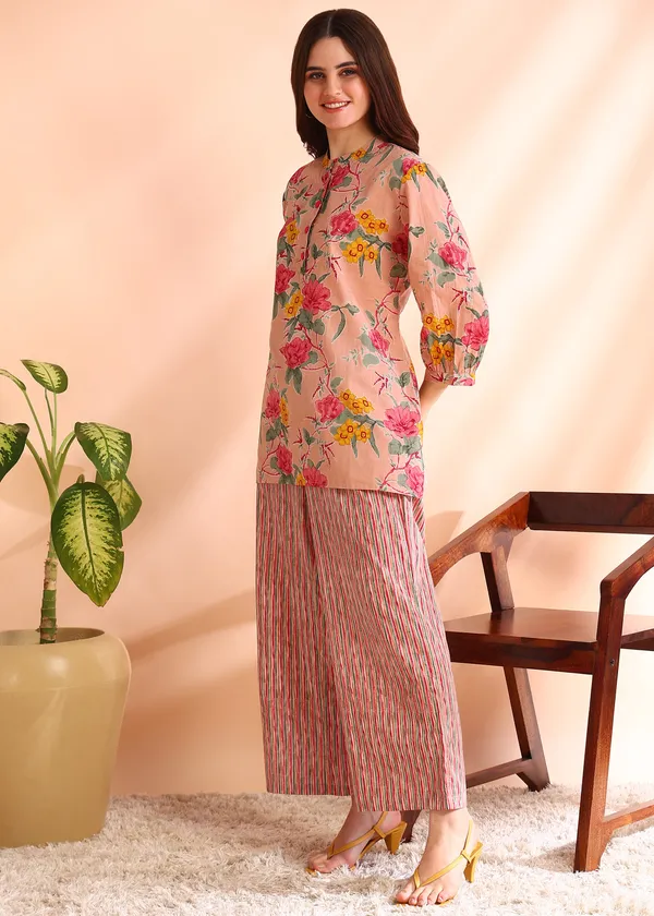 Pink_Floral_Printed_Cotton_Kurta_With_Button_Detailing_For_Women