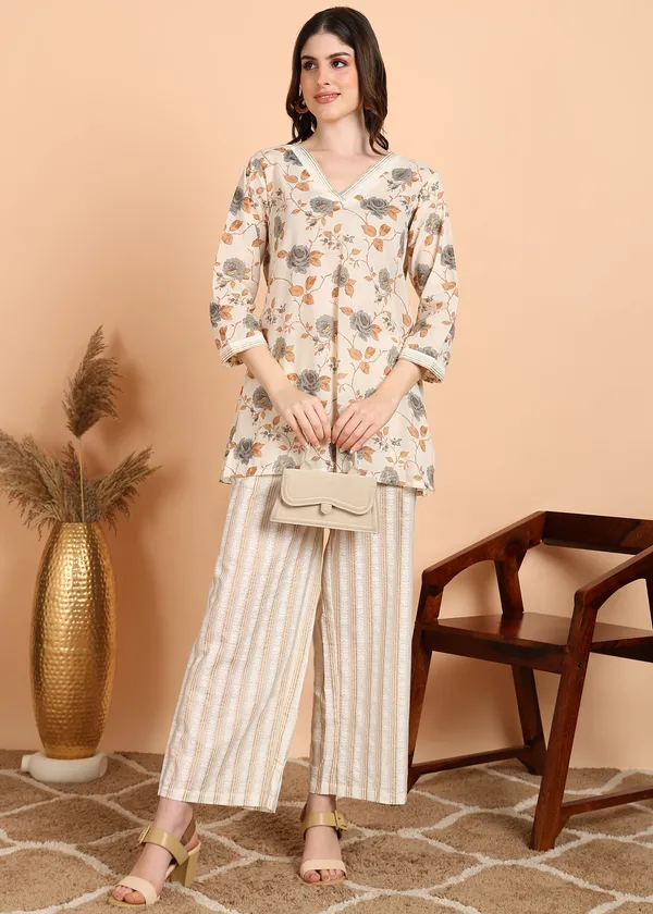 Off_White_Floral_Print_Top_With_Striped_Palazzo_Pants_Co_Ord_Set_For_Women