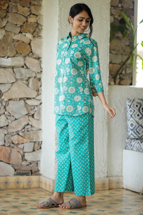 Sky_Blue_Floral_Block_Print_Cotton_Kurta_Palazzo_Set_For_Women