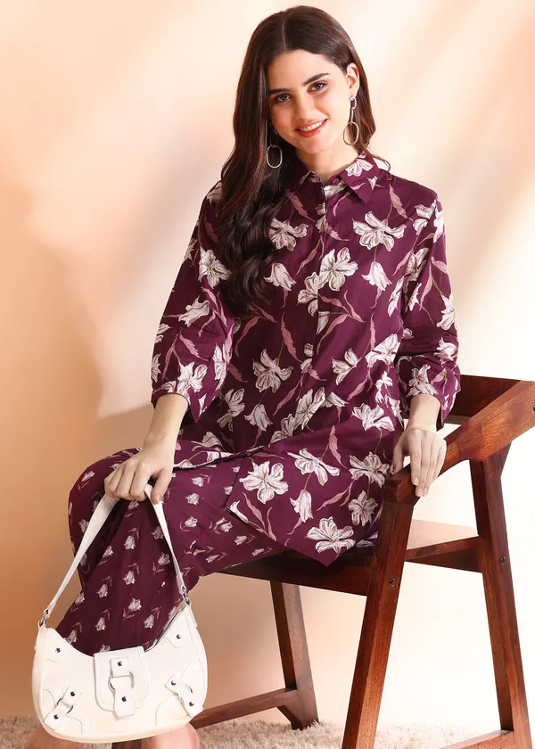 Wine_floral_pure_cotton_cord_set_for_Women