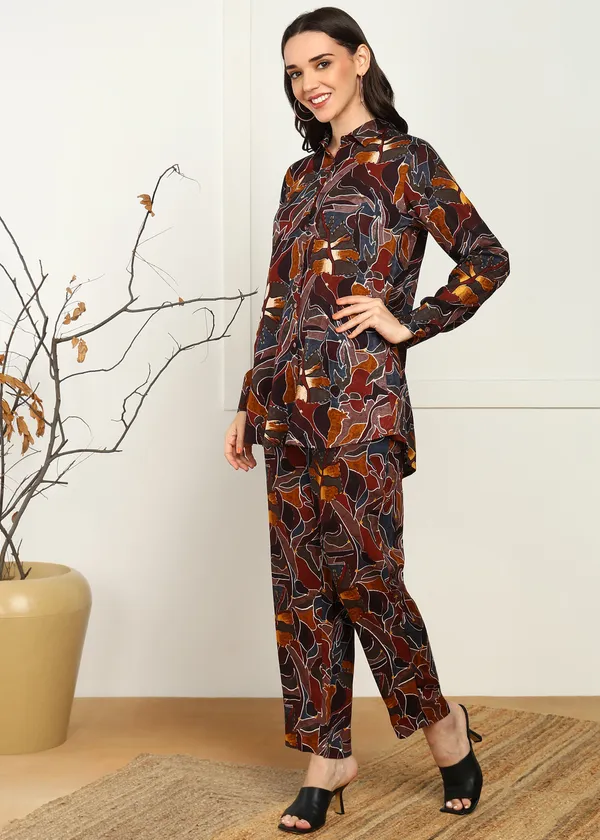 Brown_Abstract_Print_Co_Ord_Set_For_Women