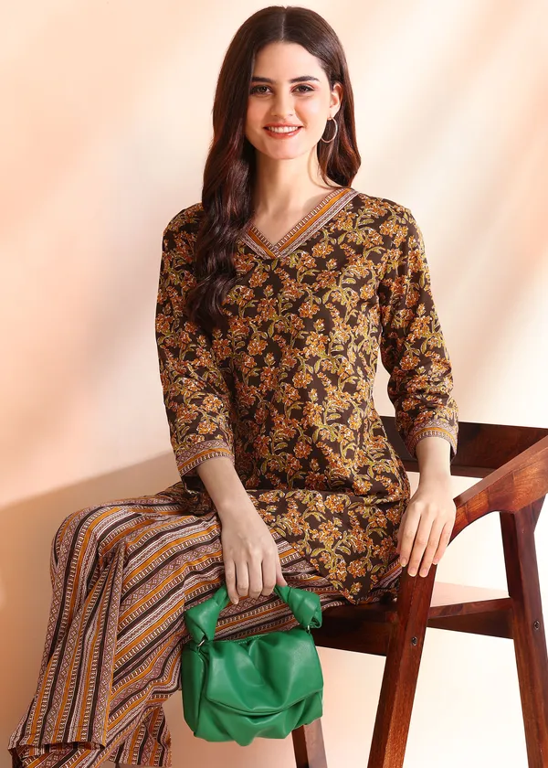 Mustard_Brown_Traditional_Printed_Kurta_And_Palazzo_Set_For_Women