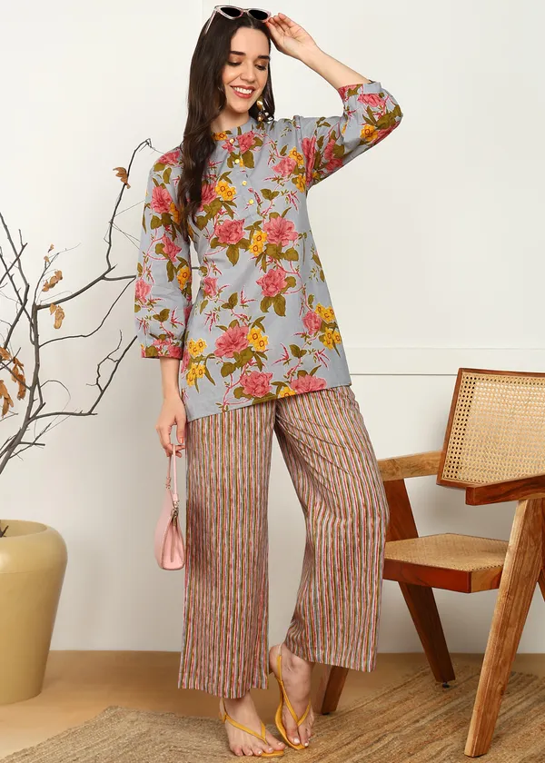 Multicolour_Floral_Print_Top_With_Striped_Palazzo_Pants_Co_Ord_Set_For_Women