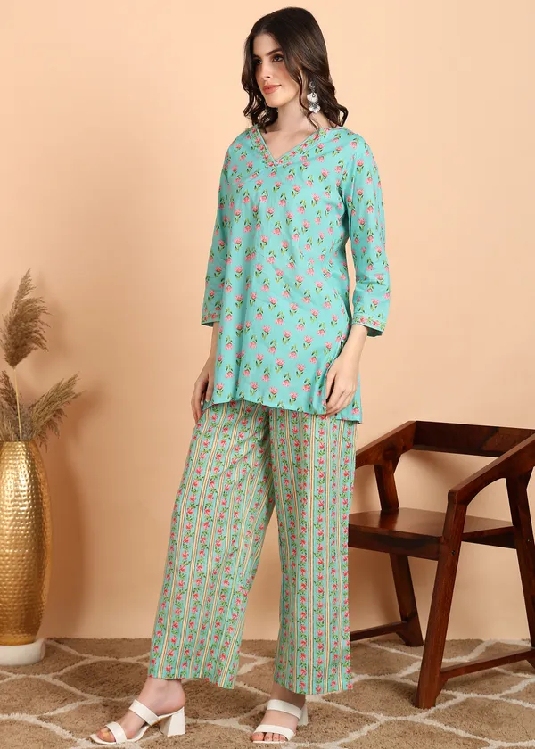 Aqua_Floral_Print_Cotton_cord_set_Set_For_Women