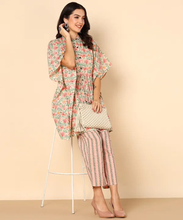 Off_White_And_Peach_Floral_Print_Kaftan_Top_With_Striped_Pants_Co_Ord_Set_For_Women