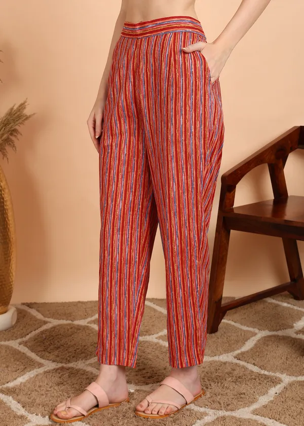 Red_Floral_Printed_Cotton_Ethnic_Top_With_Striped_Pants_Set_For_Women