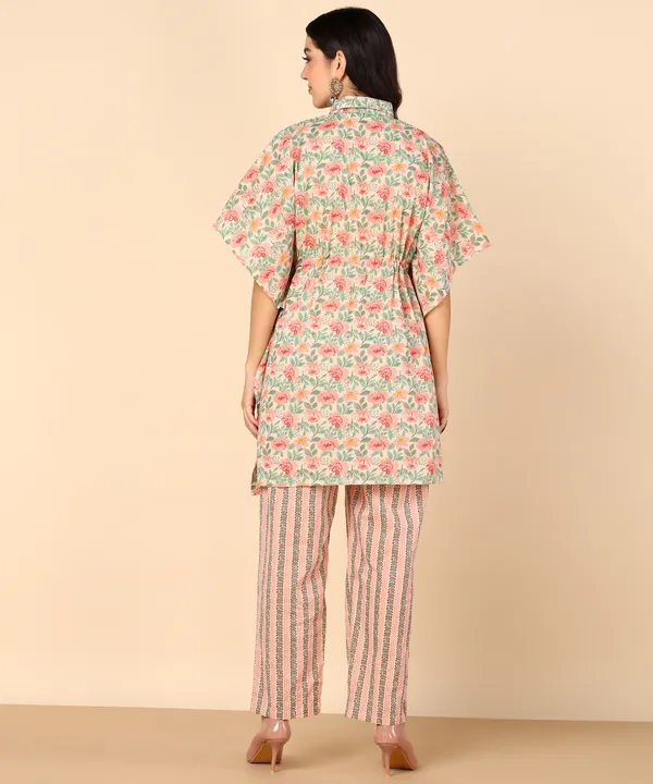 Off_White_And_Peach_Floral_Print_Kaftan_Top_With_Striped_Pants_Co_Ord_Set_For_Women