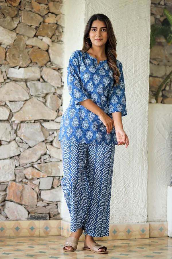 Blue_Hand_Block_Printed_Cotton_Co_Ord_Set_Tunic_Top_And_Palazzo_Pants_For_Women