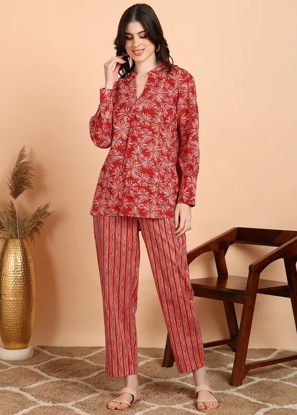 Red_Floral_Printed_Cotton_Ethnic_Top_With_Striped_Pants_Set_For_Women